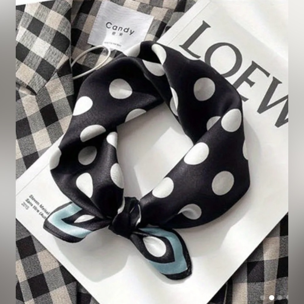 Scarf, Square 21”, Chic Black/White Polka Dot With Green Accent, Polyester, New!